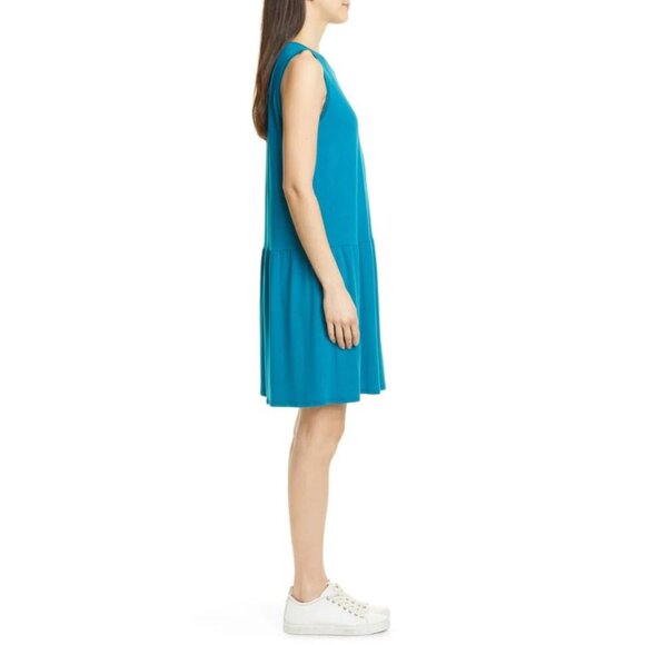 Eileen Fisher A-Line Stretch Dress Large Blue Sleeveless Drop Waist  Summer - Picture 2 of 6